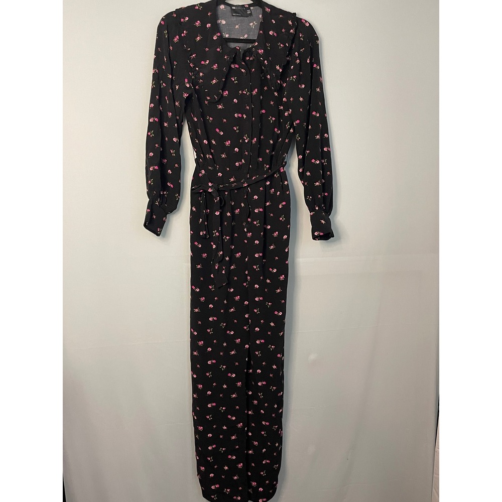 ASOS Design Jumpsuit Black Pink Floral Print Ruffle Collar Long Sleeve US 4 UK 8